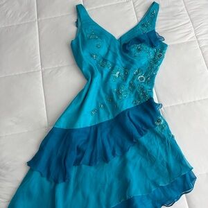 Y2K Ombré Blue Beaded Silk Asymmetrical Sleeveless Midi Dress w/ Neck Scarf